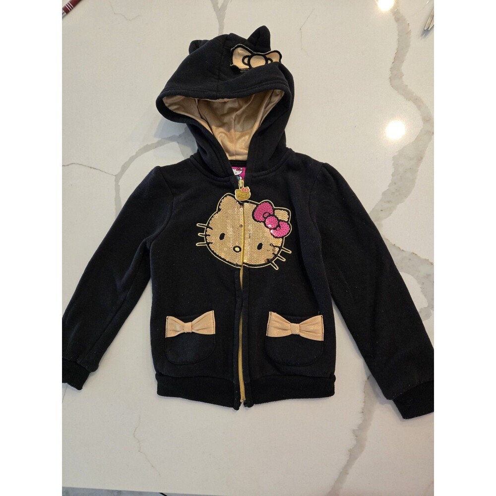 Sanrio Hello Kitty Size 4T Sequin Zip Up Hoodie Girls Black Gold Bow Sweatshirt